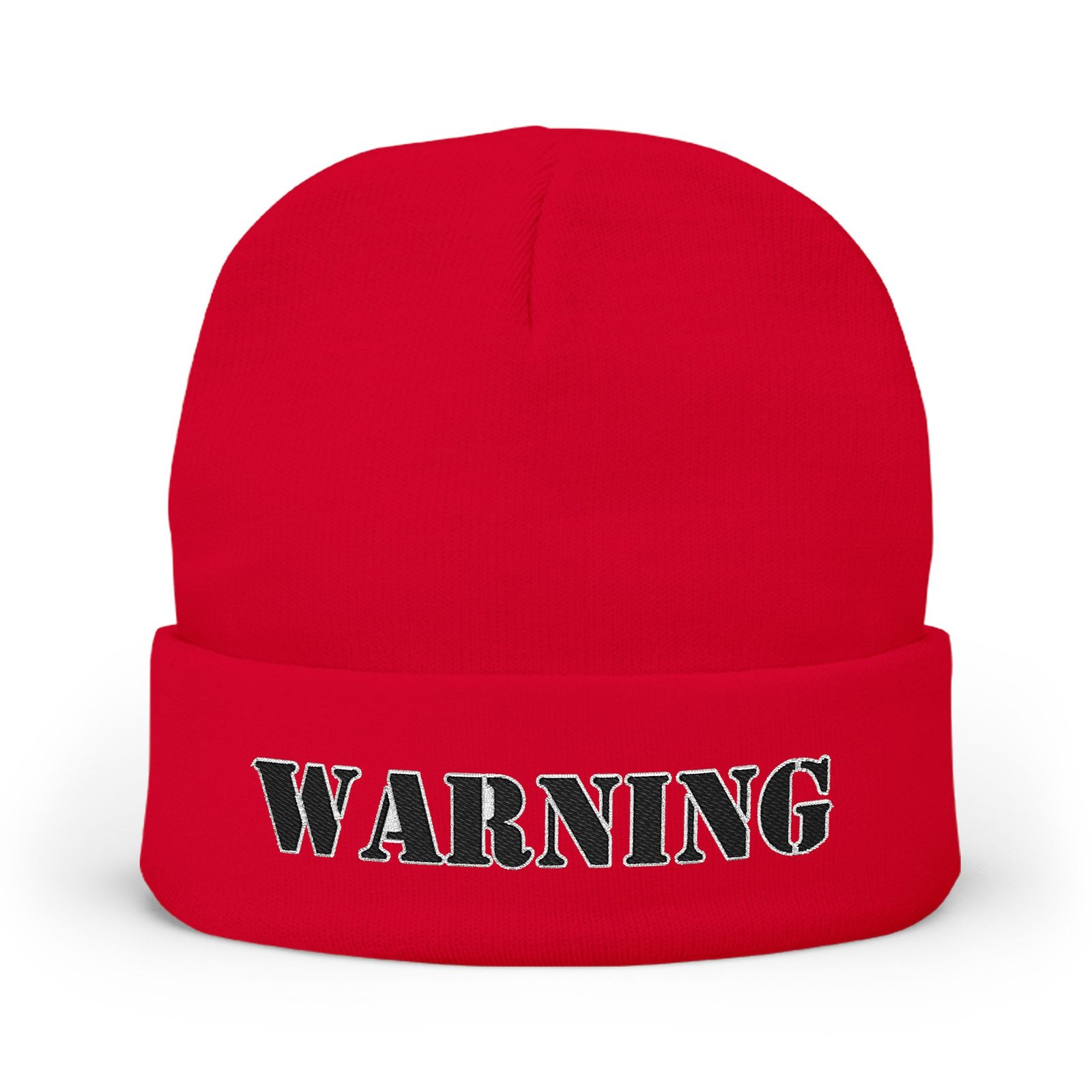 Embroidered "WARNING" Knit Beanie – Street Style Winter Hat - Image 1